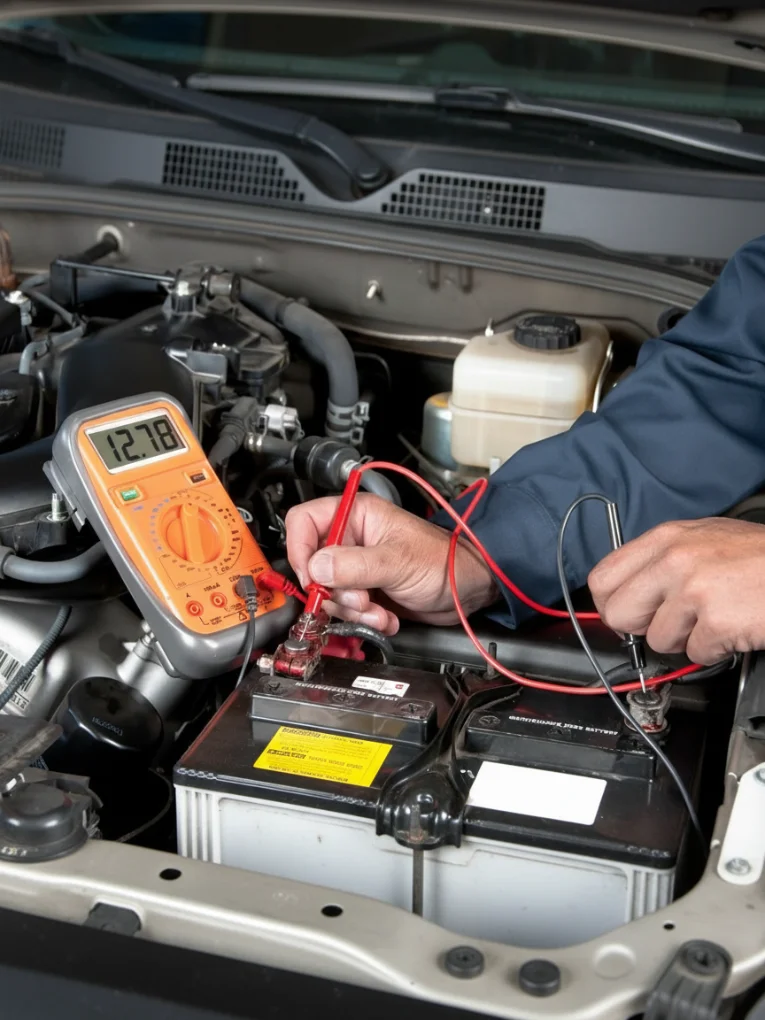 Technician testing a car battery with a multimeter
