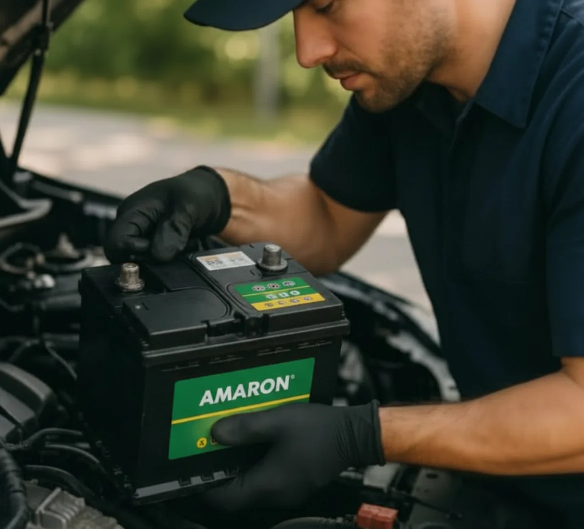 A technician in black gloves lowering an Amaron battery into an engine bay