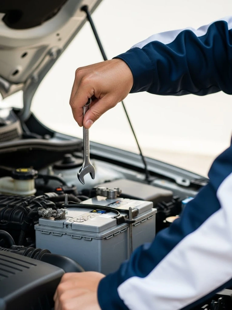 A technician in a navy and white jacket holding a spanner over a silver battery