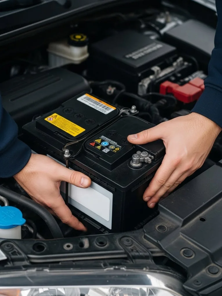 Hands lowering a new car battery into an engine bay
