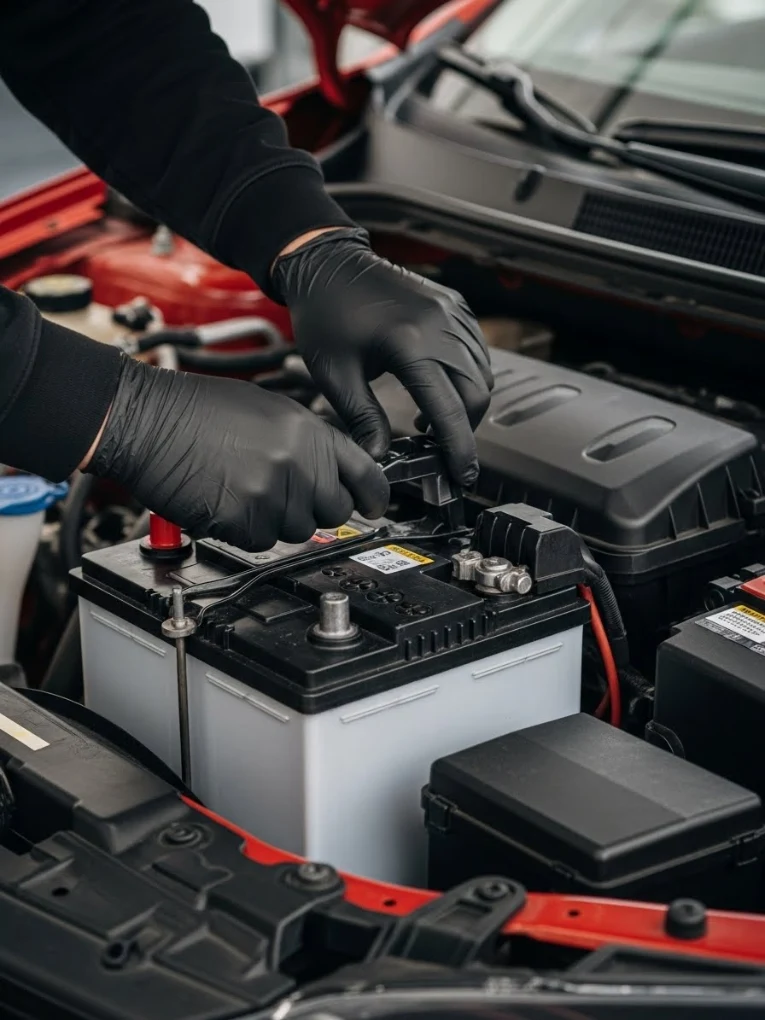 Gloved hands connecting a new battery under the bonnet of a red car