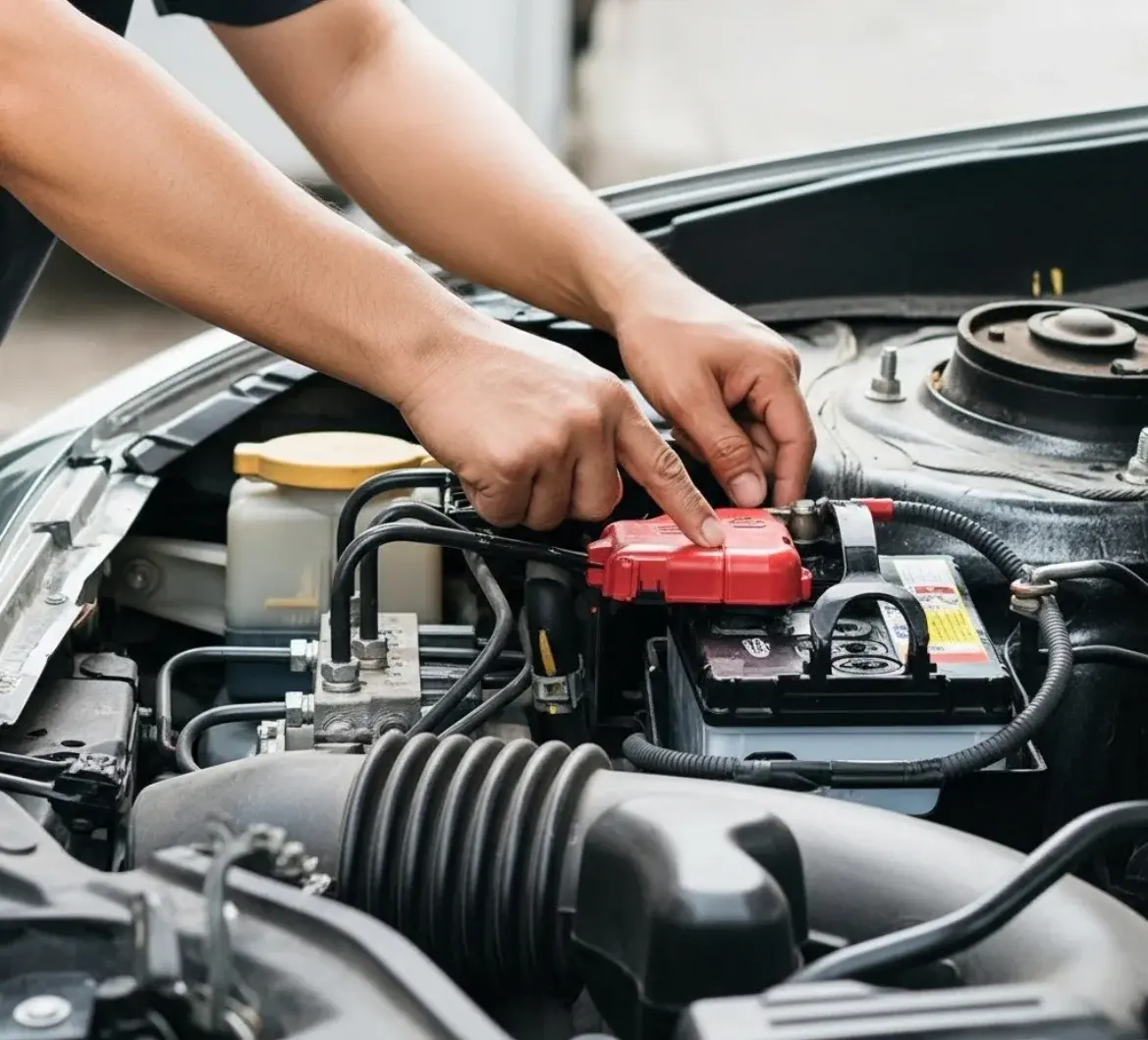 Hands pressing the red cover onto a battery's positive terminal