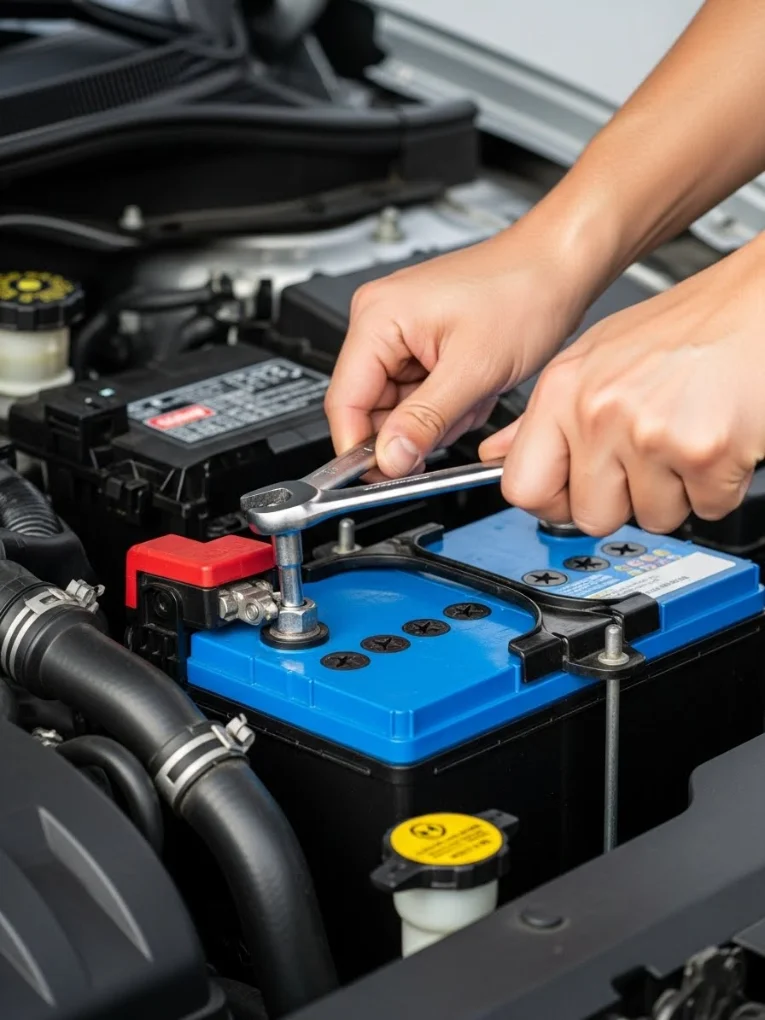 Hands tightening a battery terminal with a ratchet