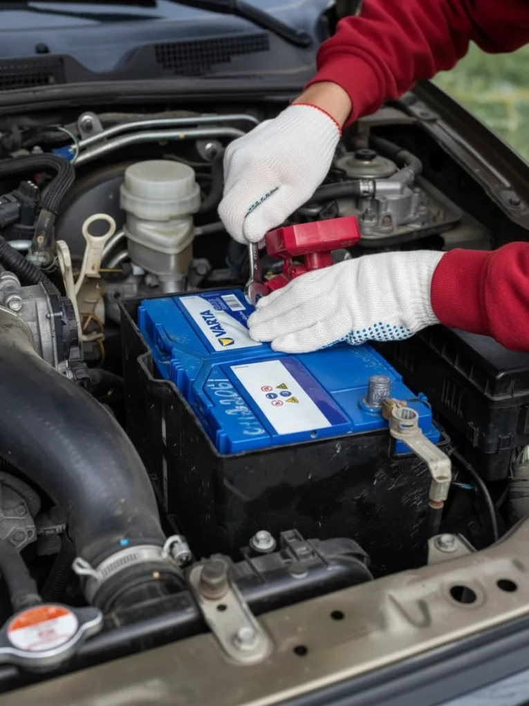 White-gloved hands fitting the red terminal on a blue battery