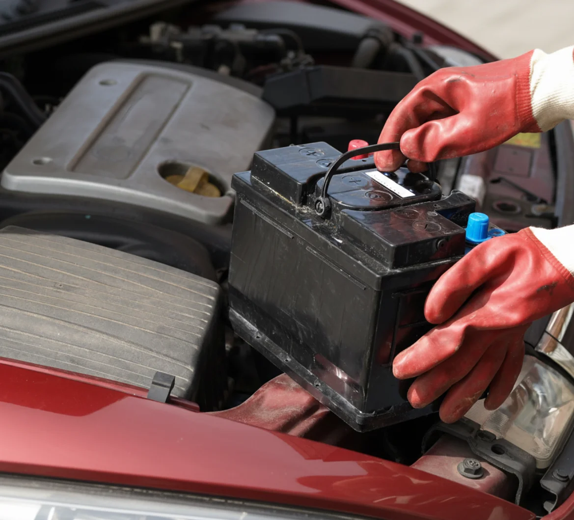 Hands in red rubber gloves lifting a black battery out of a red car