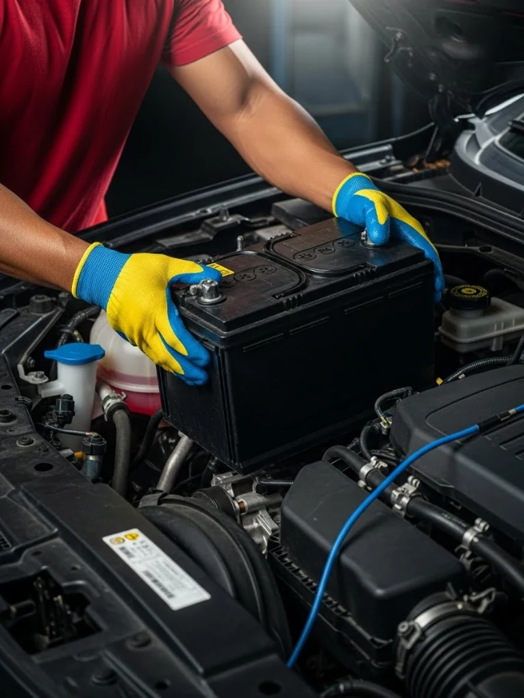 Yellow-gloved hands fitting a battery in an engine bay