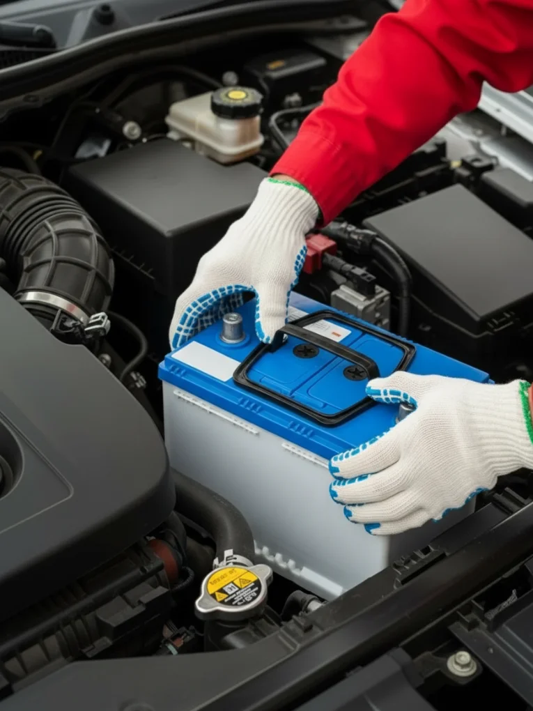 A technician in dotted work gloves lowering a blue-topped battery into its tray