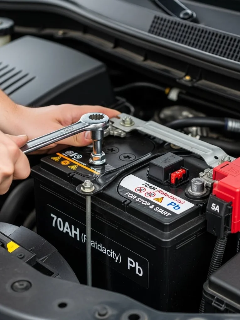 Hands turning a ratchet on the hold-down of a 70Ah stop-start battery