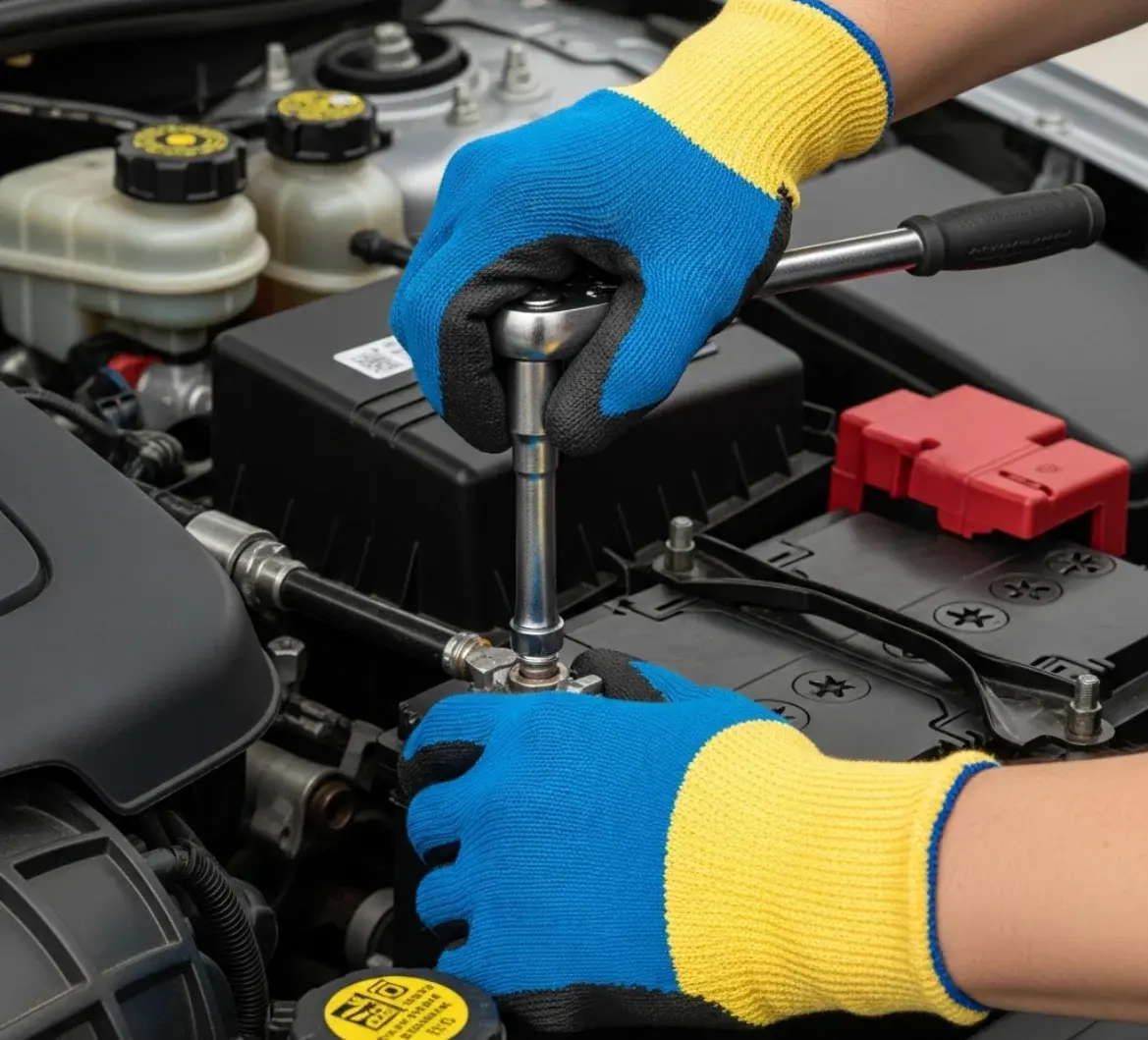 Hands in blue and yellow gloves turning a ratchet on a battery terminal