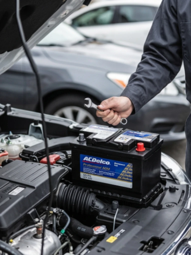 Technician holding a spanner over an ACDelco Professional AGM battery in an open engine bay