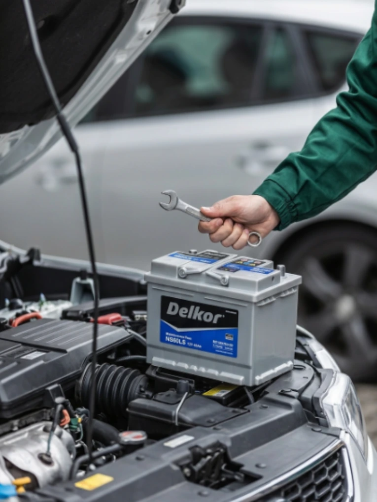 Technician holding a spanner above a grey Delkor NS60LS battery in a car's engine bay