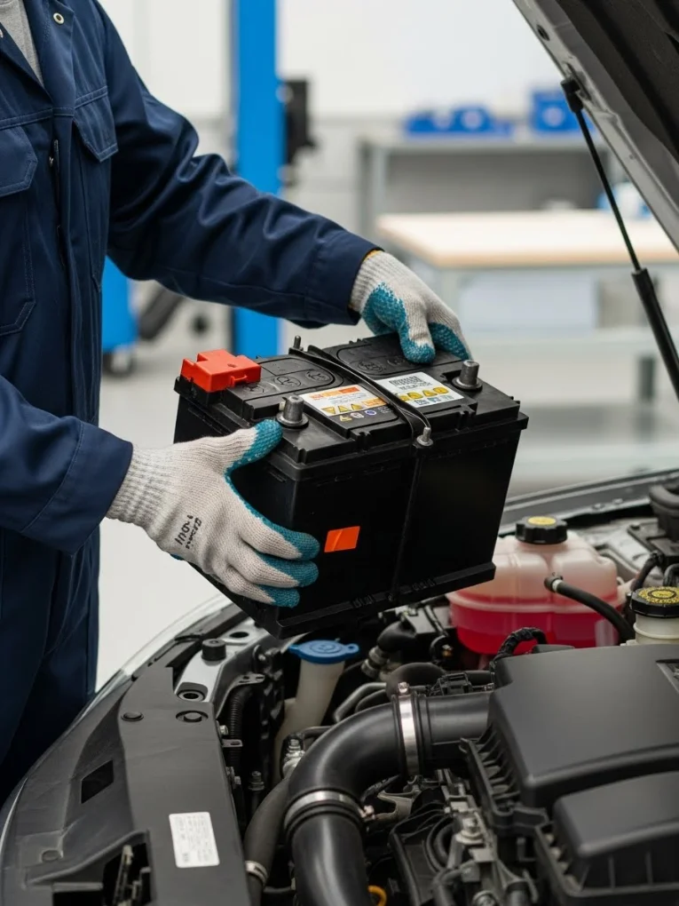 A technician in navy overalls lifting a black battery from an engine bay