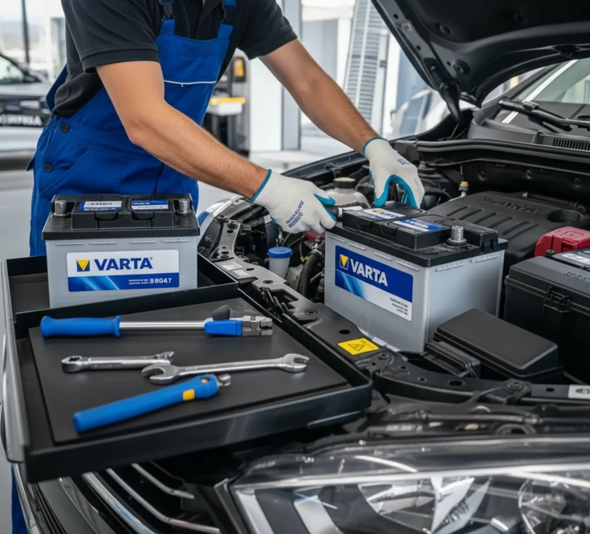 Technician in blue overalls fitting a Varta battery, a second one and tools on a tray