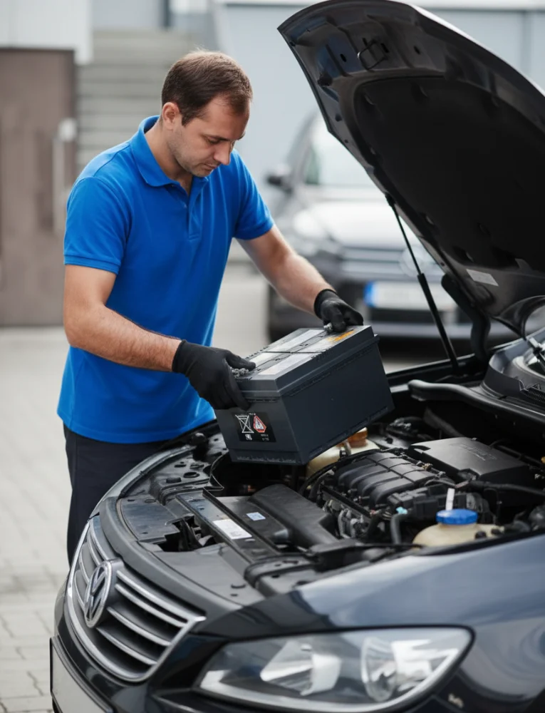 Technician in a blue polo lifting a battery out of a Volkswagen outdoors