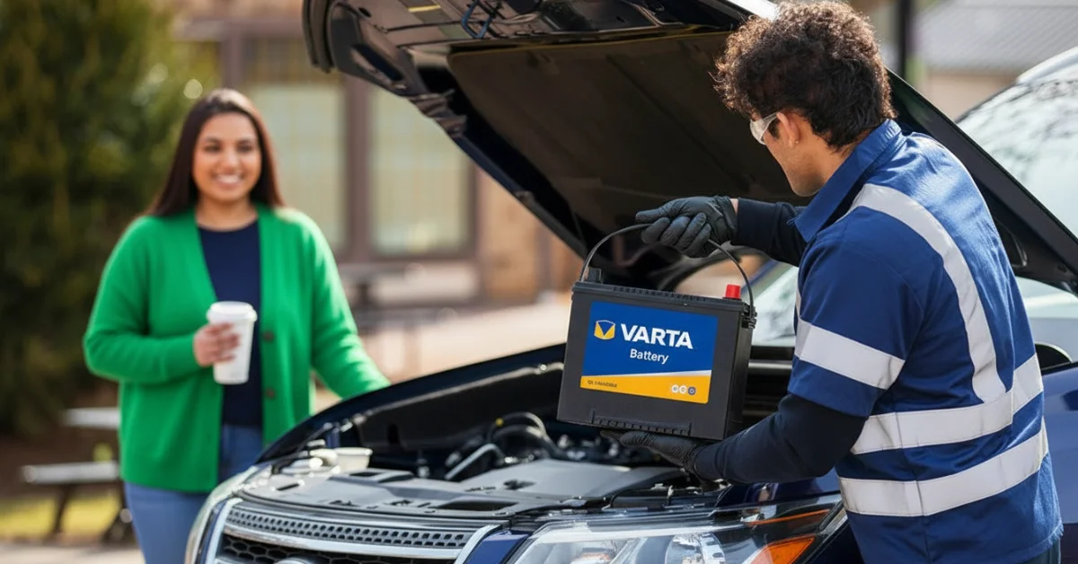 Technician lifting a Varta battery from a car as its owner looks on