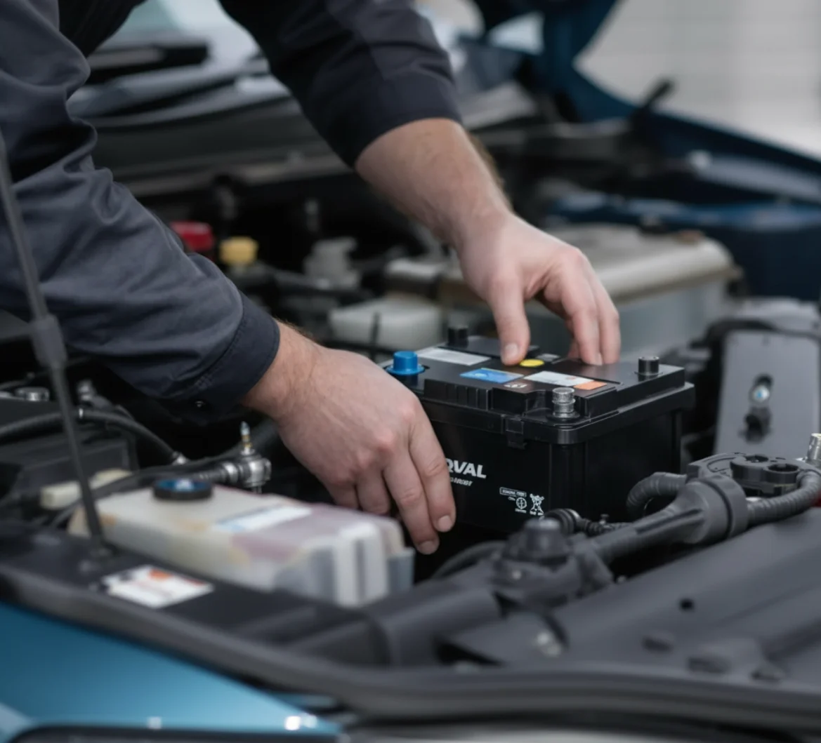 Technician's hands seating a black battery in the engine bay of a blue car
