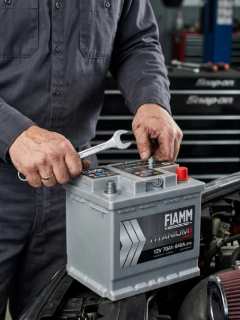 Mechanic tightening the terminal of a Fiamm Titanium Pro 70Ah battery with a spanner