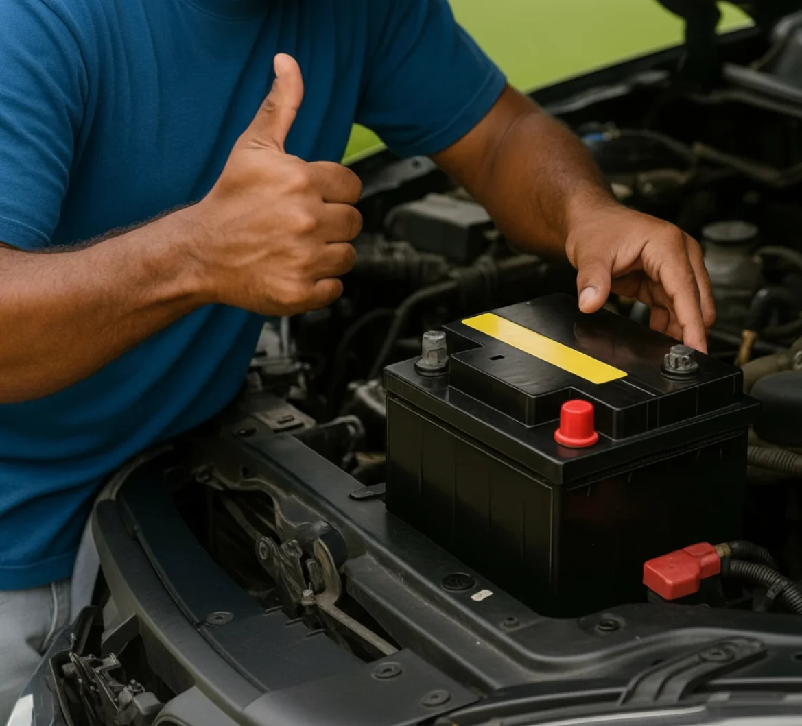 Technician giving a thumbs up beside a freshly fitted black battery
