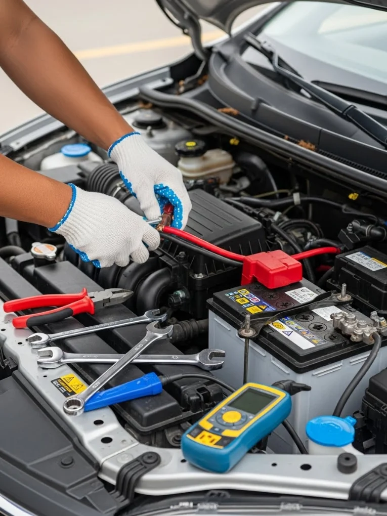 White-gloved hands working on a battery, with a tester and spanners laid in the engine bay
