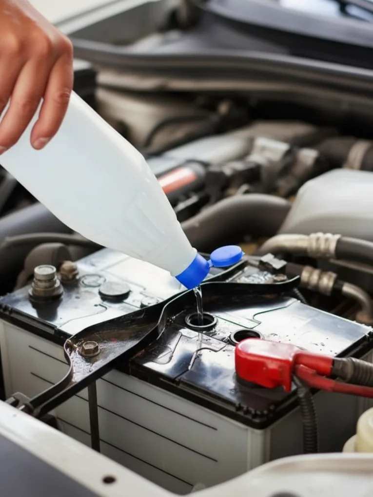 Distilled water being poured into the open cells of a flooded car battery