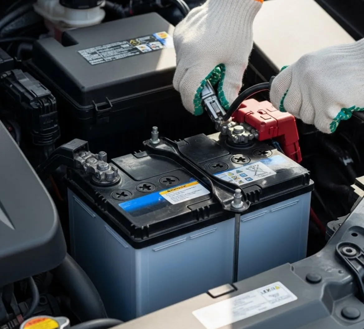 Gloved hands working on the positive terminal of a 12V battery under the bonnet