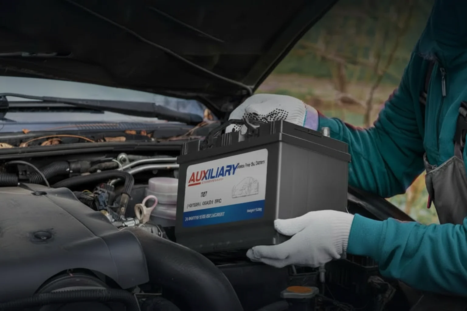 Technician lowering a battery labelled Auxiliary into a car's engine bay
