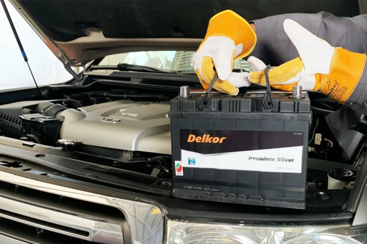 Technician in work gloves fitting a Delkor battery into a car's engine bay