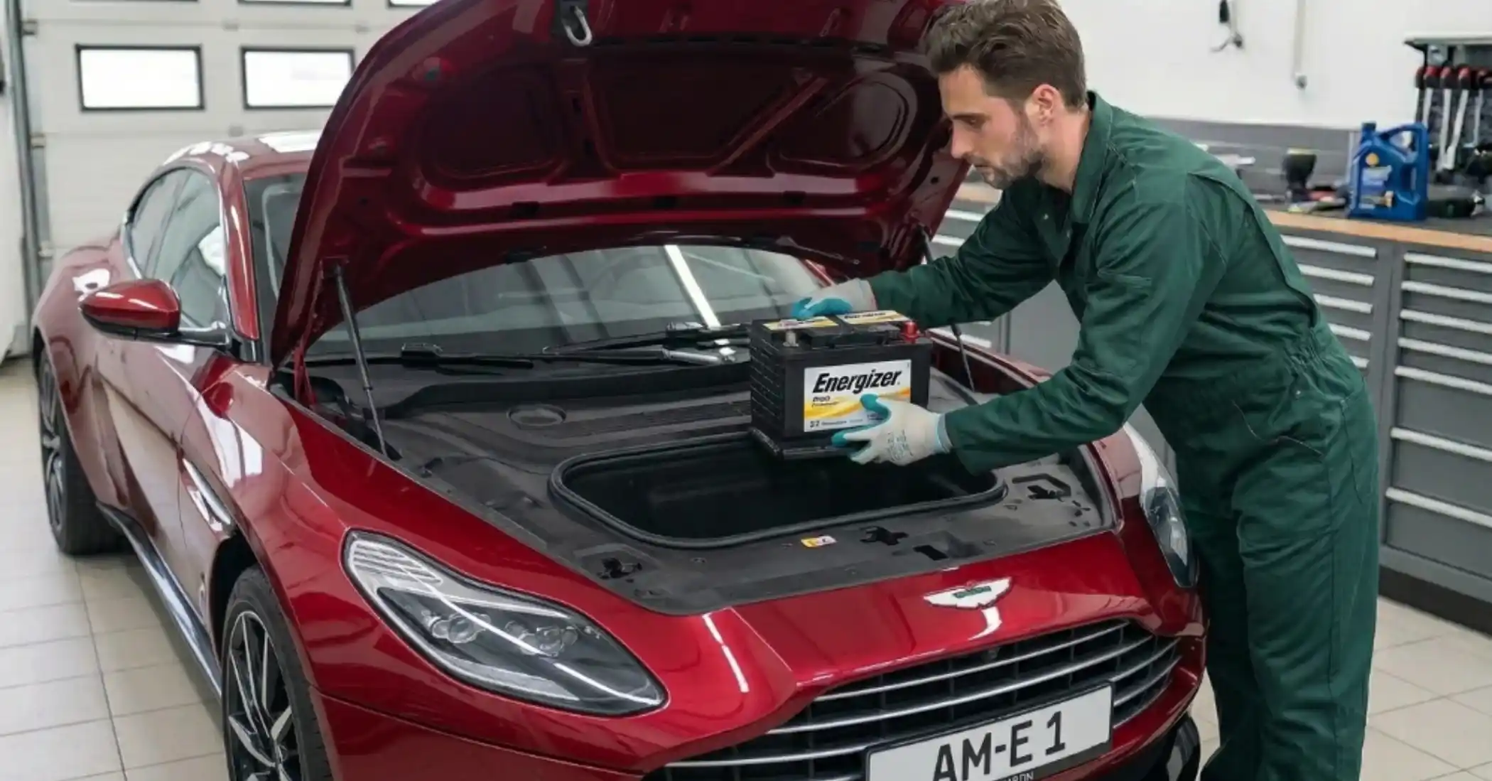 Technician fitting an Energizer battery to a red Aston Martin in a workshop