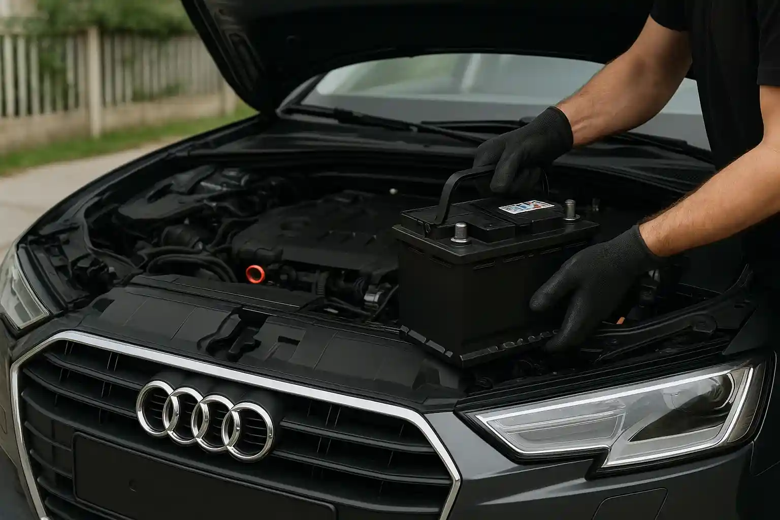 Gloved technician lifting the battery out of an Audi's engine bay