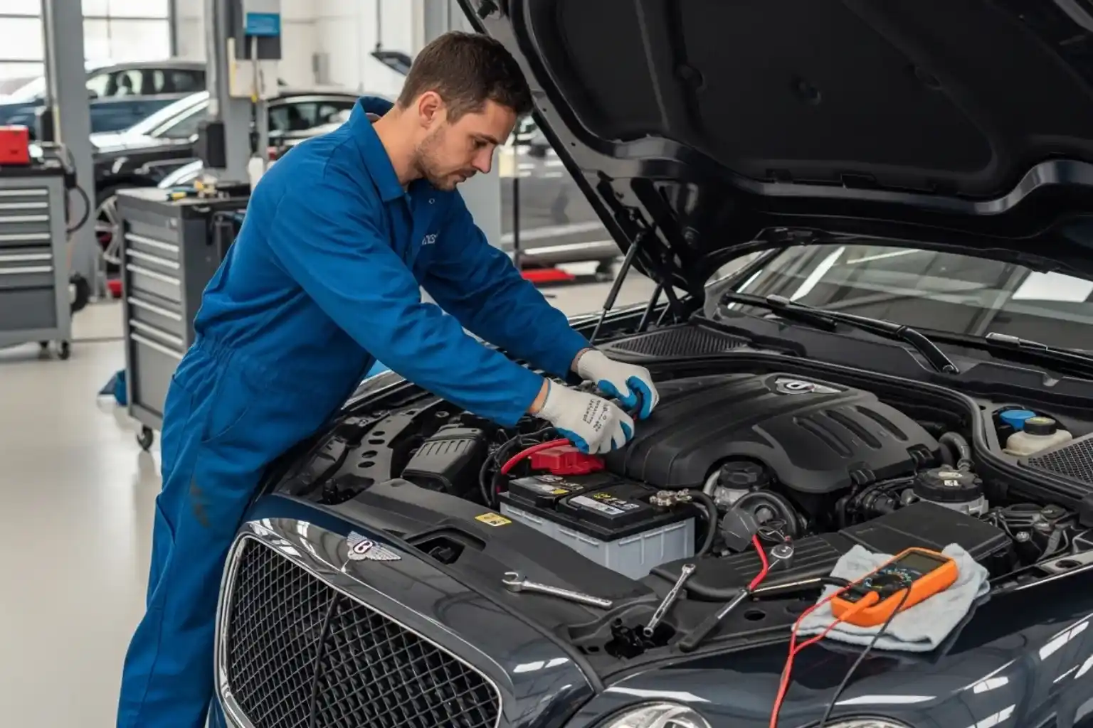 Technician working on the battery of a dark Bentley, a multimeter on the engine