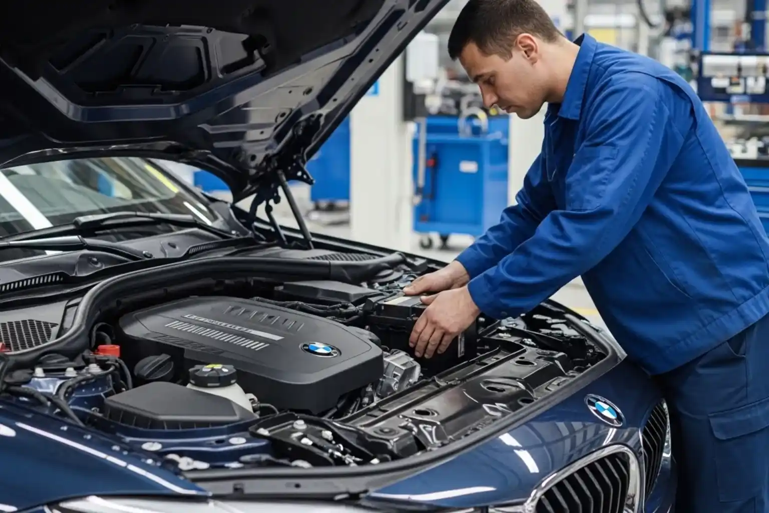 Technician working on the battery of a blue BMW with its bonnet raised