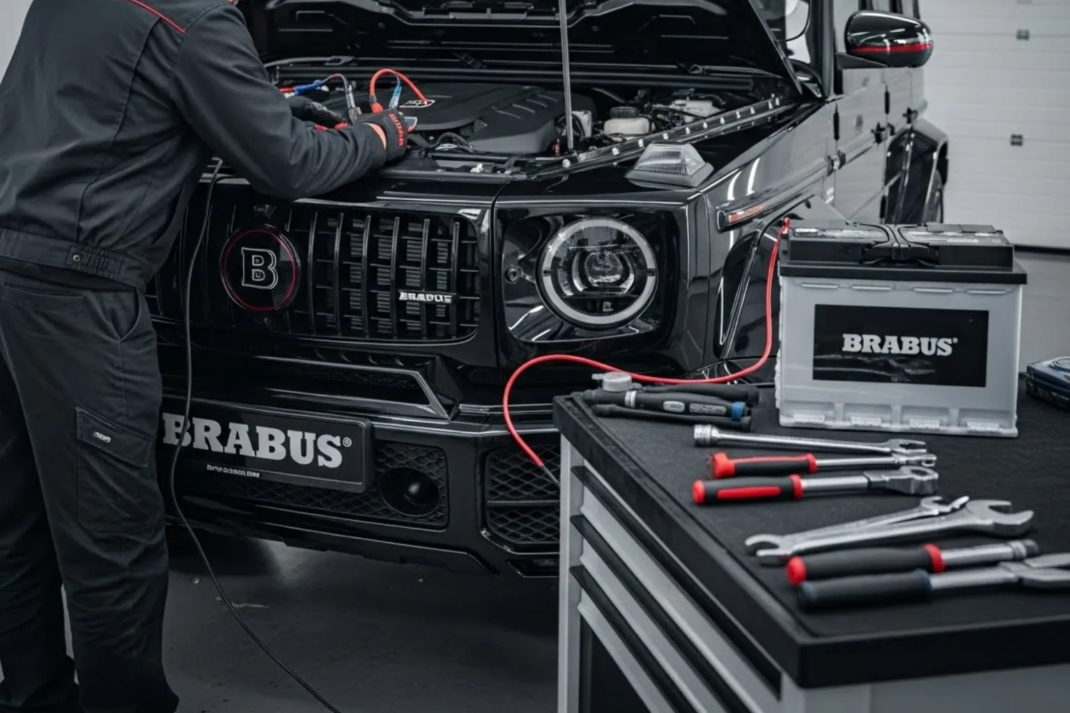 Technician working on a Brabus G-Class, a Brabus-branded battery on the bench beside it