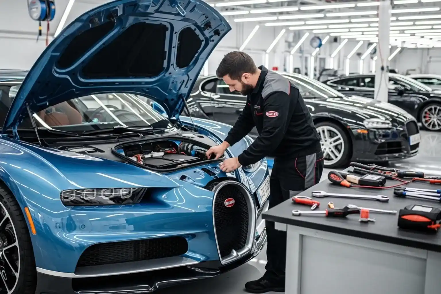 Technician working under the front bonnet of a blue Bugatti in a workshop