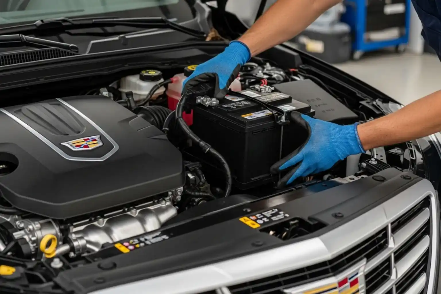 Blue-gloved hands lifting the battery out of a Cadillac engine bay