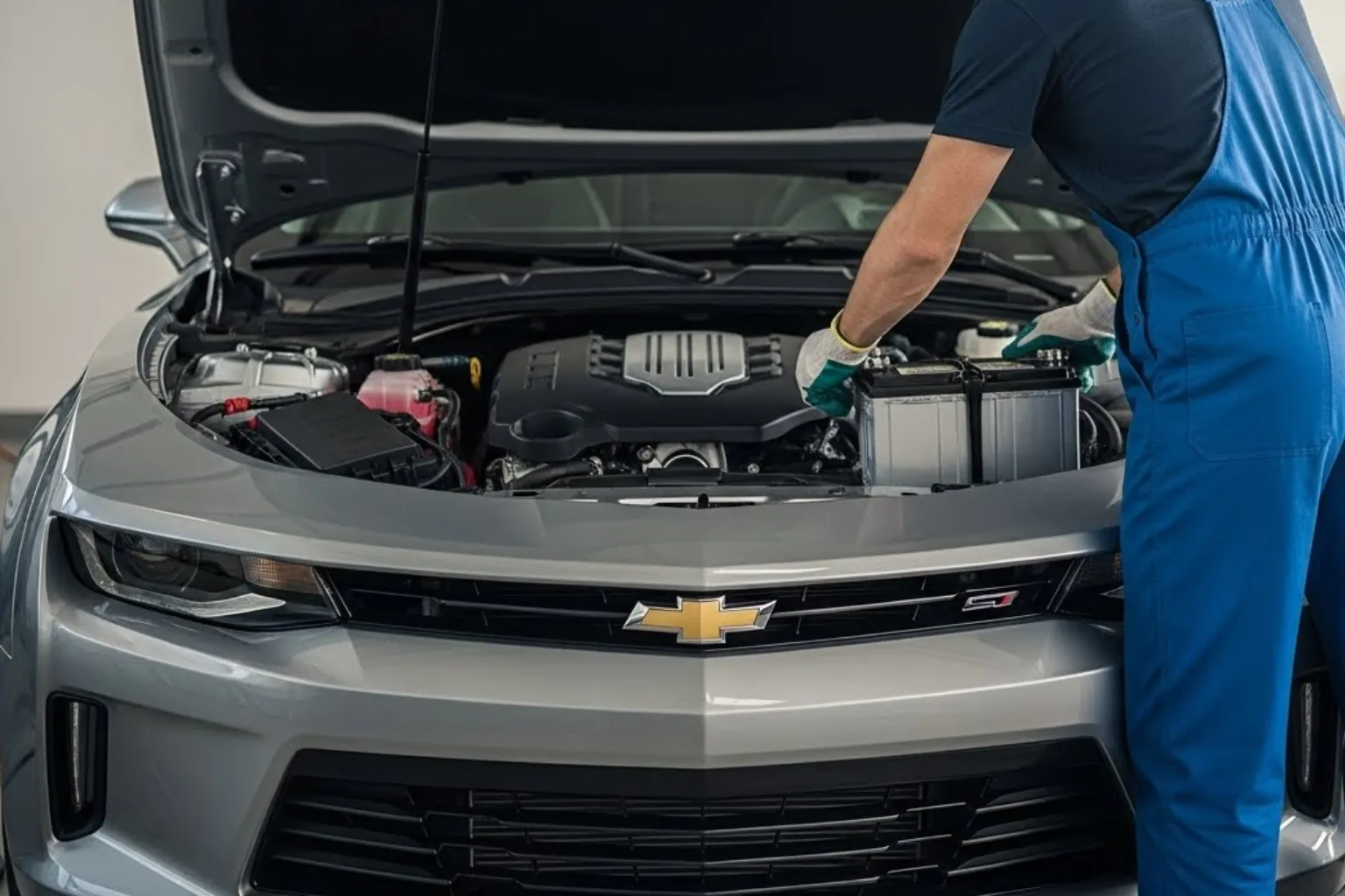 Technician fitting a battery under the raised bonnet of a silver Chevrolet Camaro