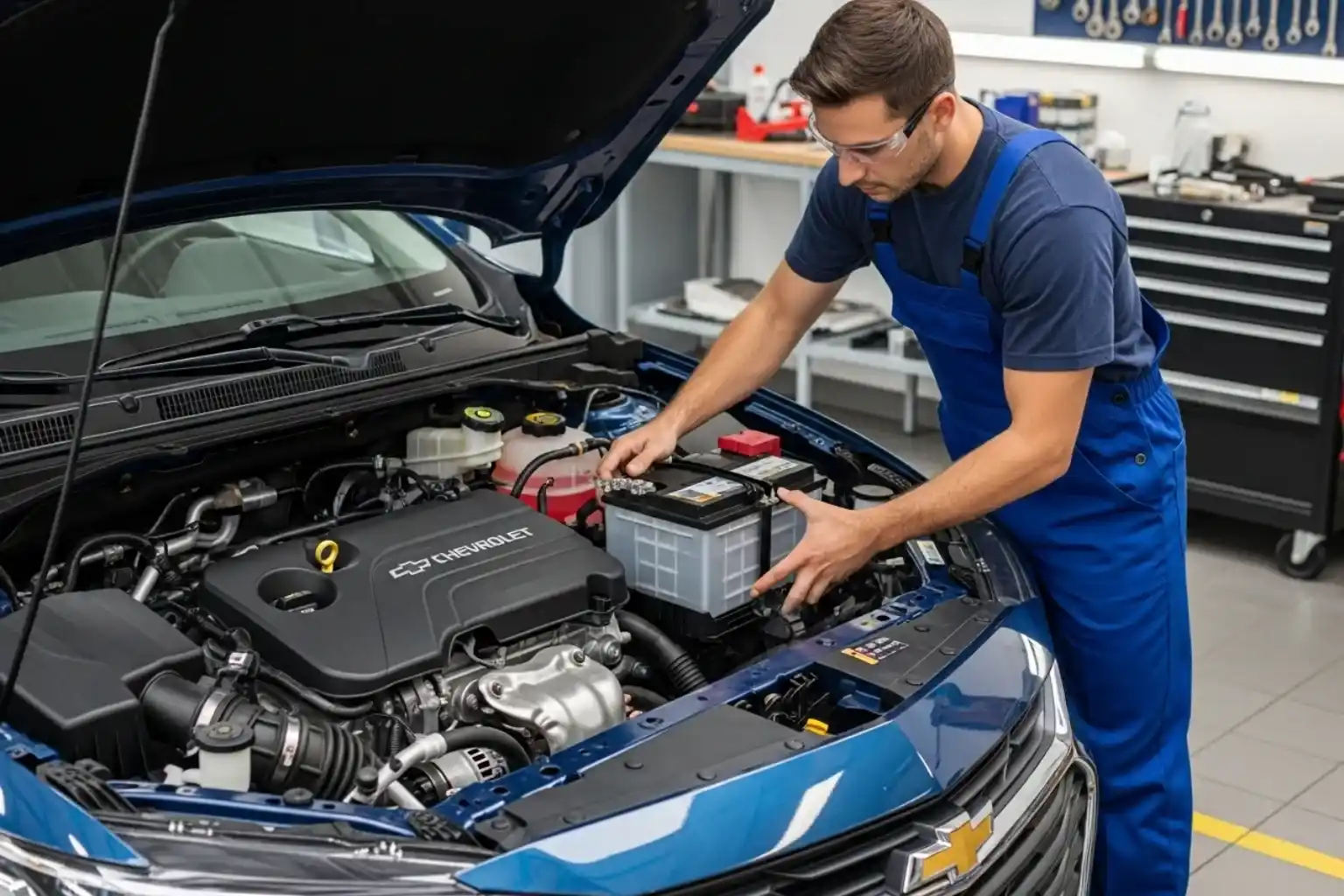 Technician placing a new battery into the engine bay of a blue Chevrolet