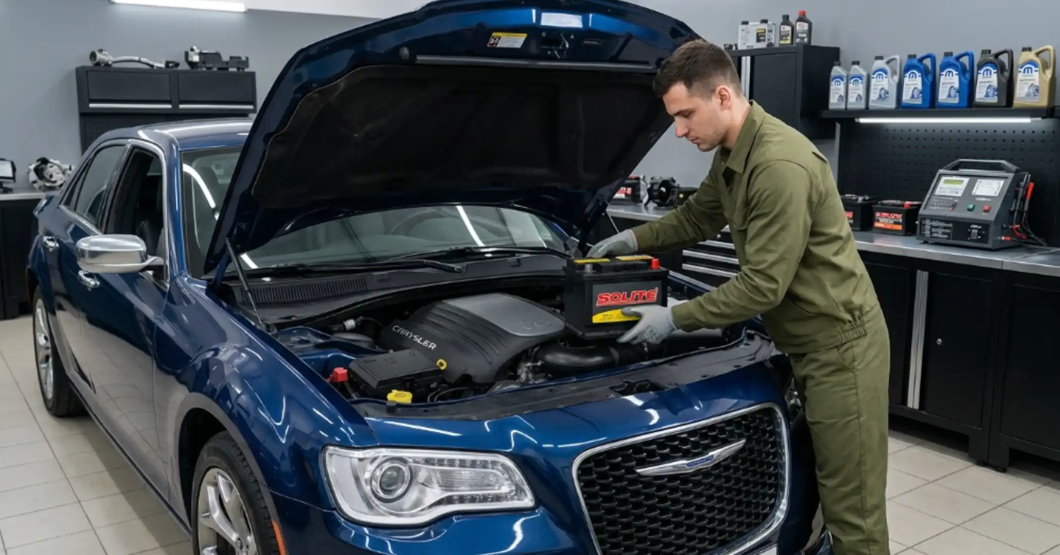 Technician fitting a battery under the bonnet of a blue Chrysler 300