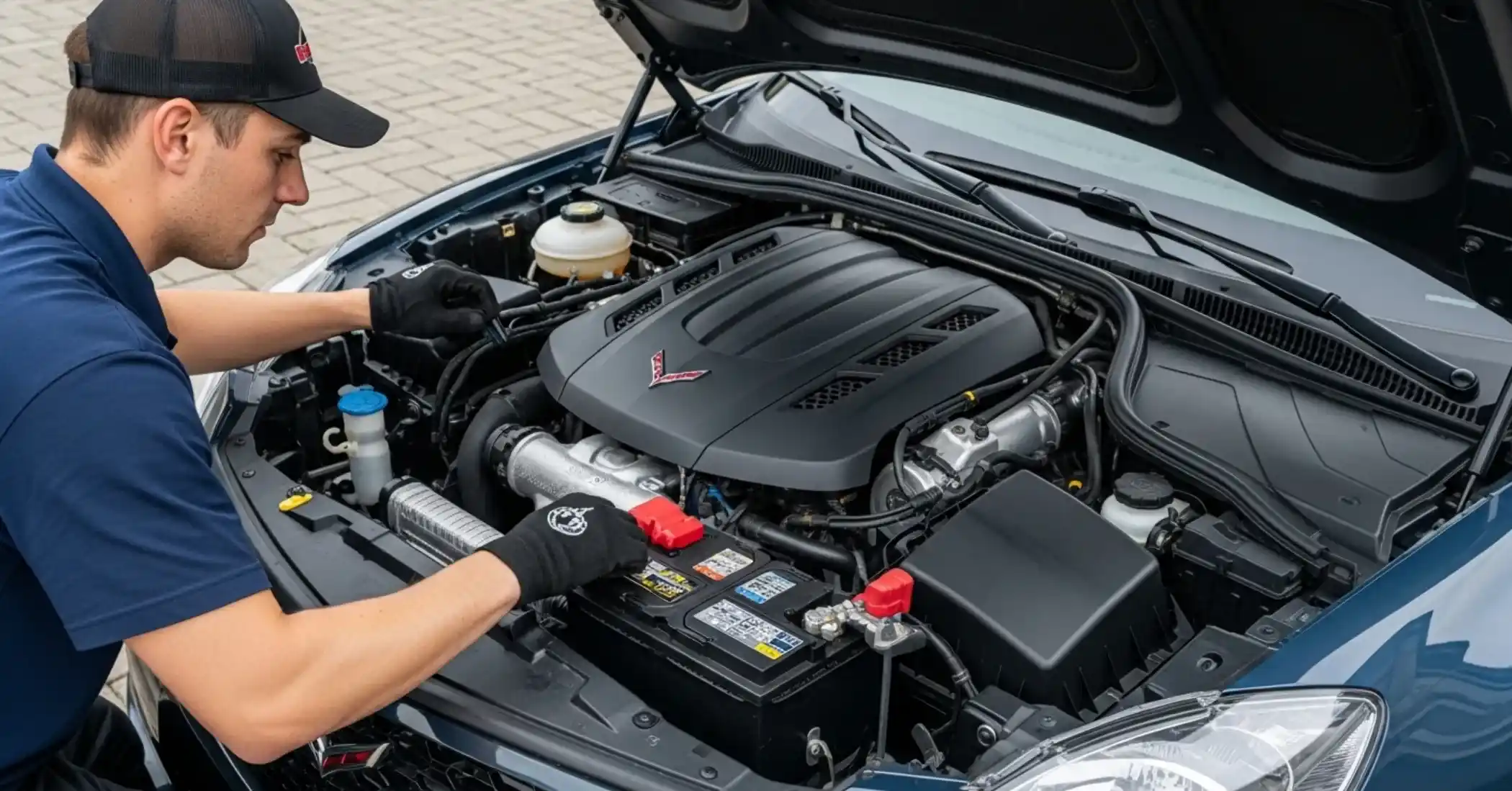Technician working on the battery beside the V8 engine of a blue Corvette