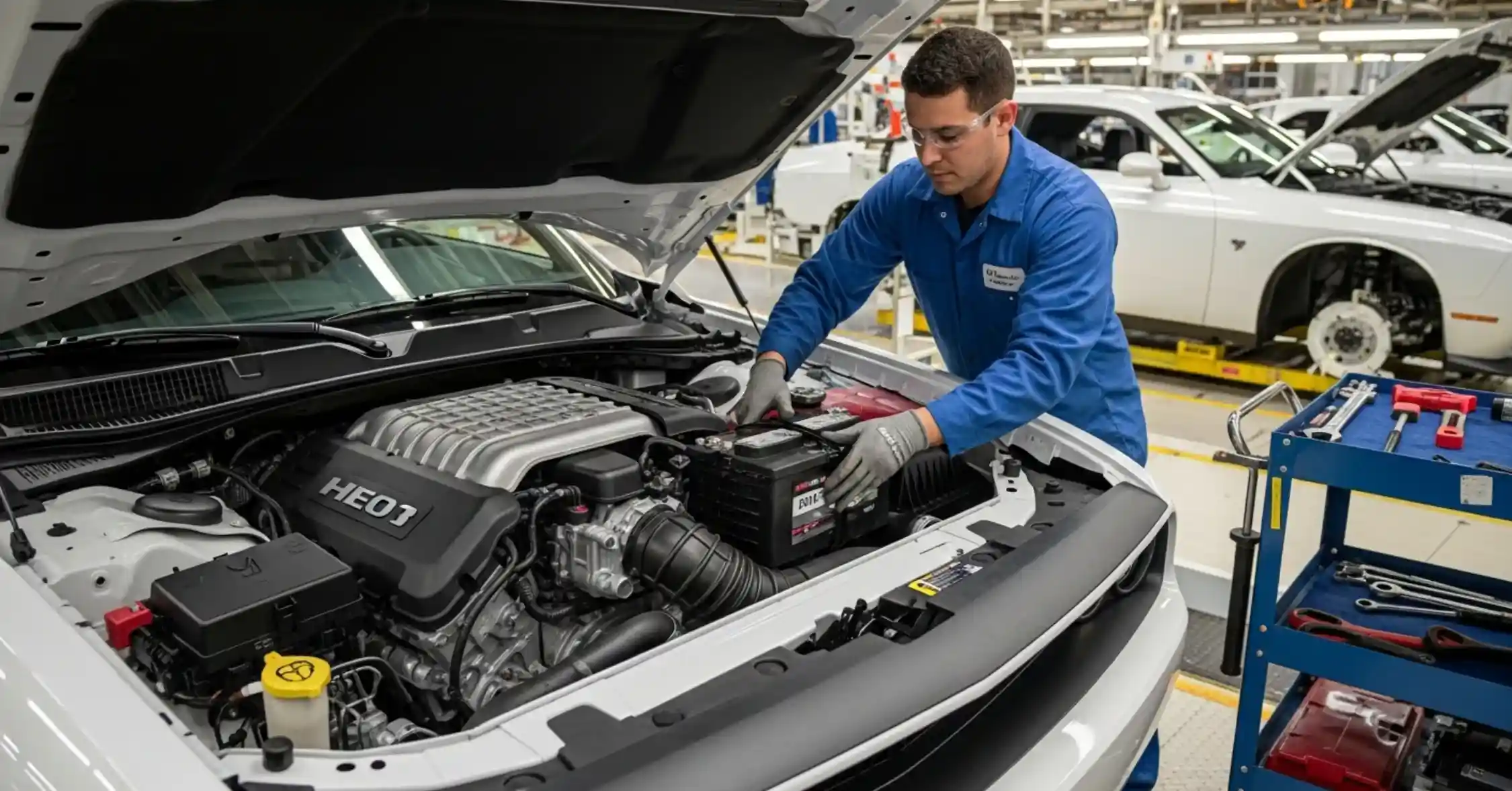 Technician fitting a battery beside the Hemi engine of a white Dodge