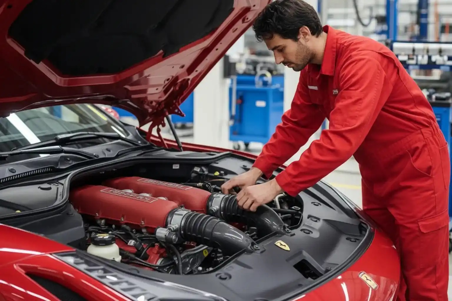 Technician working in the engine bay of a red Ferrari in a workshop