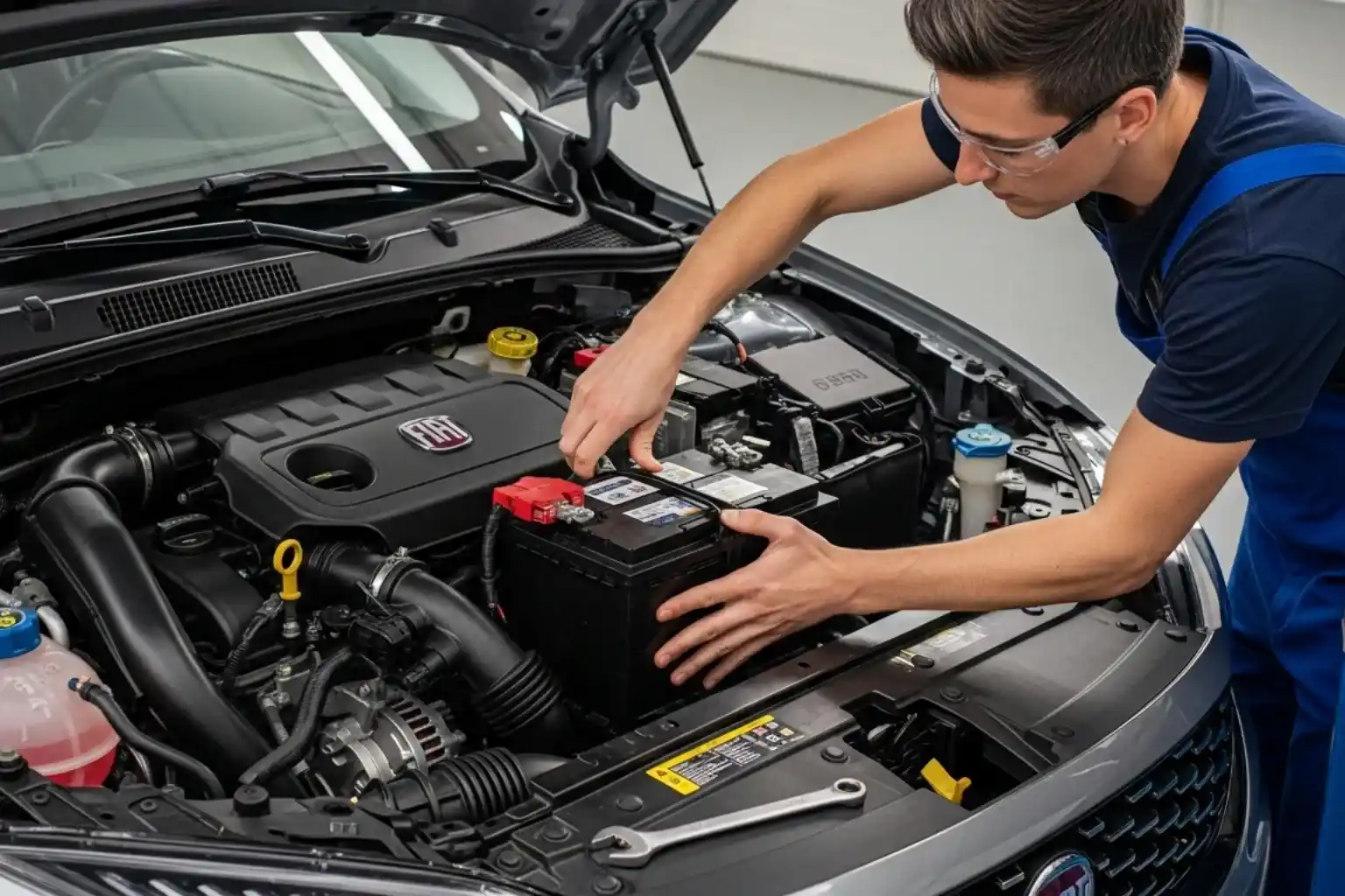 Technician lifting a battery into the engine bay of a Fiat