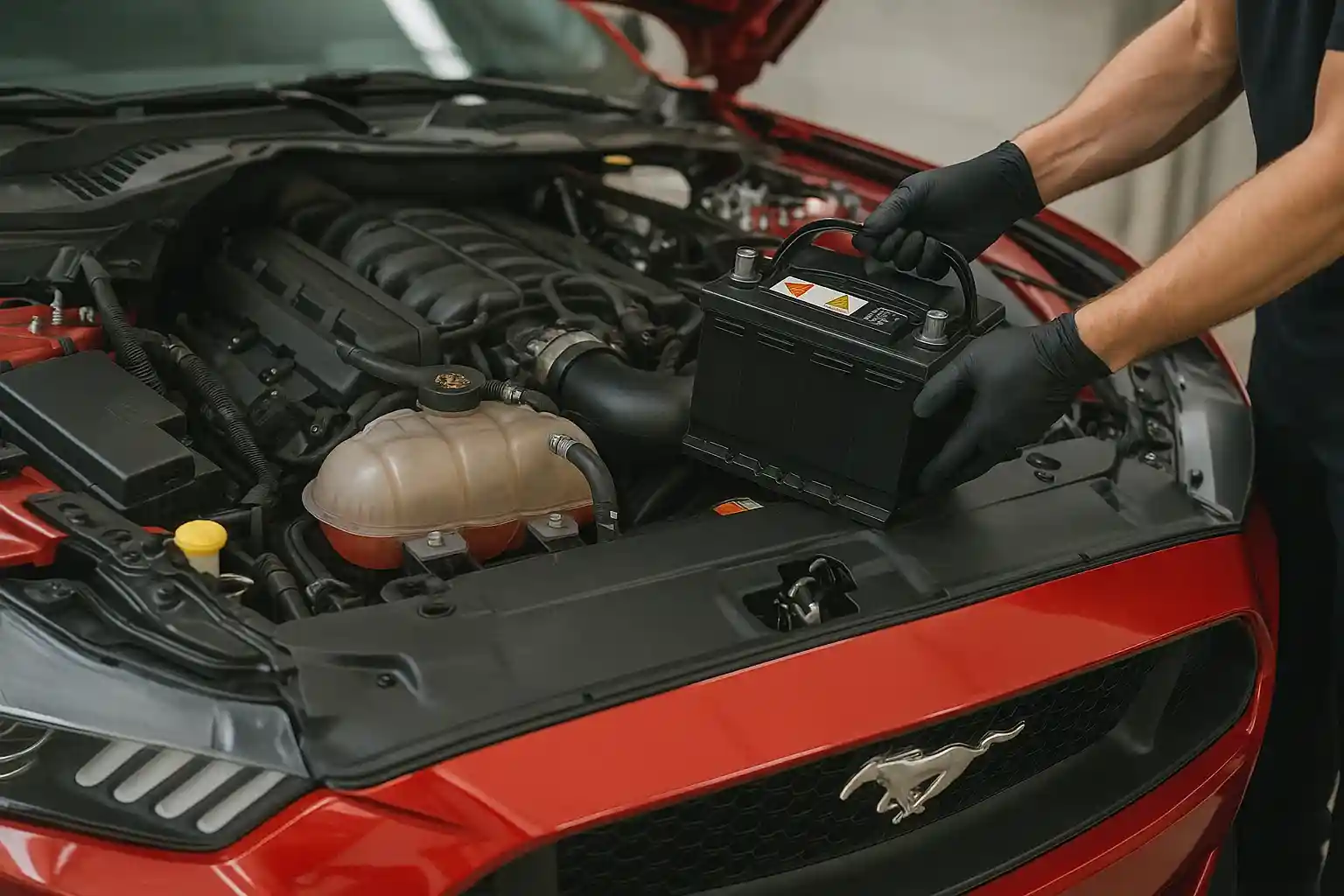 Gloved hands lifting a battery out of a red Ford Mustang