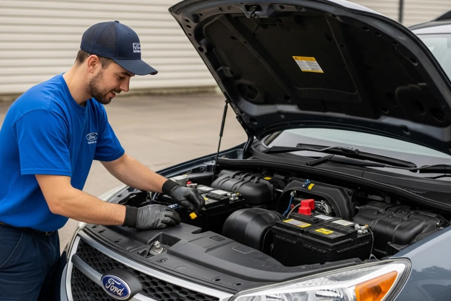 Technician in a blue shirt fitting a battery to a silver Ford