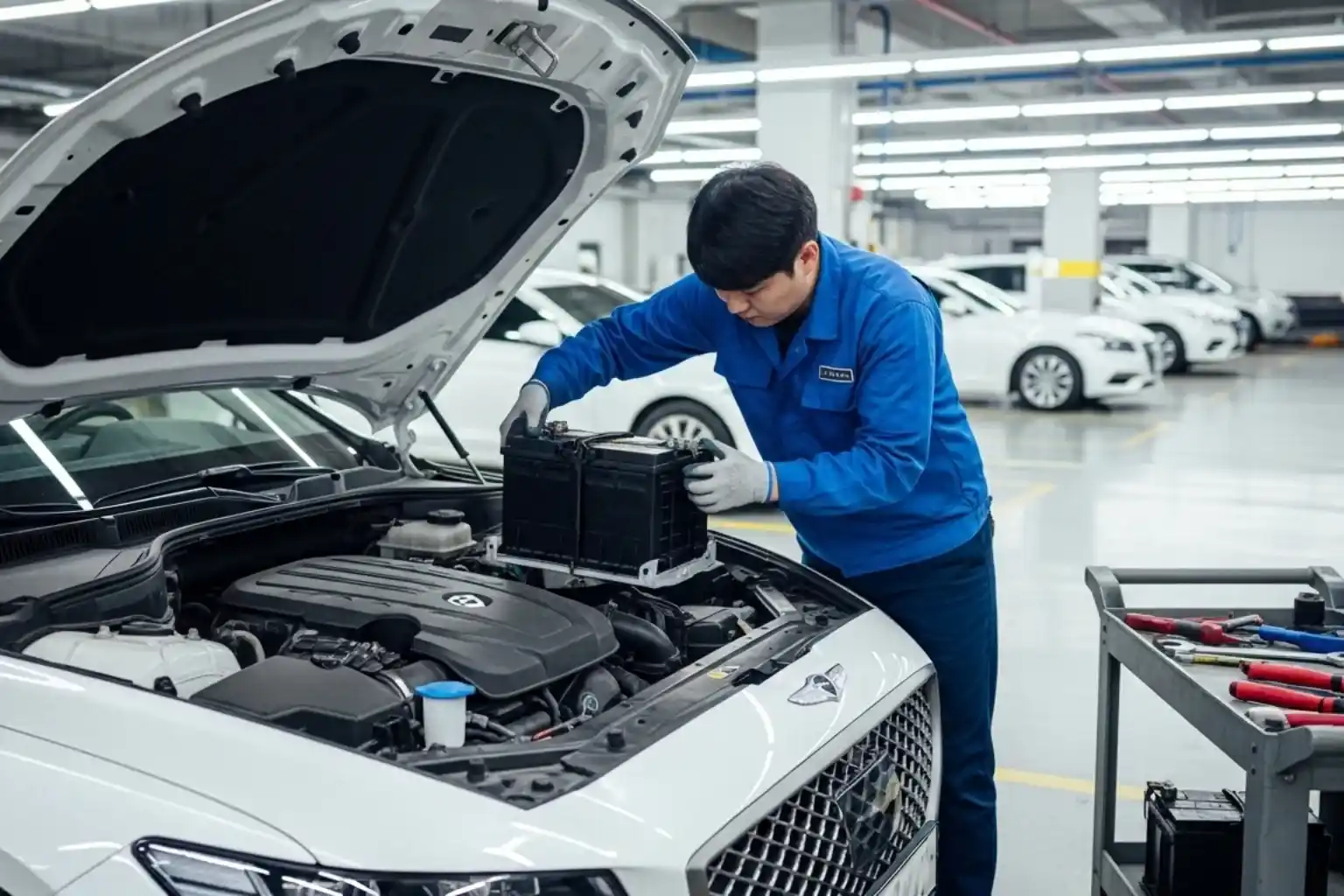 Technician lifting a battery from the engine bay of a white Genesis