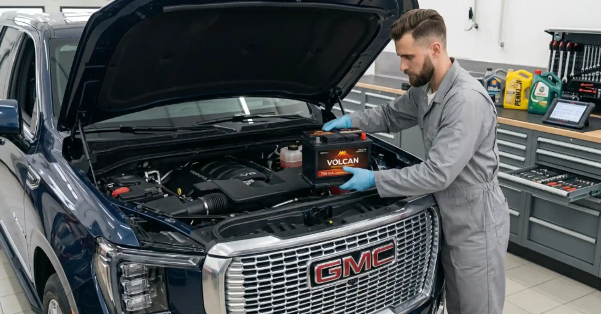 Technician fitting a battery to a dark blue GMC SUV in a workshop