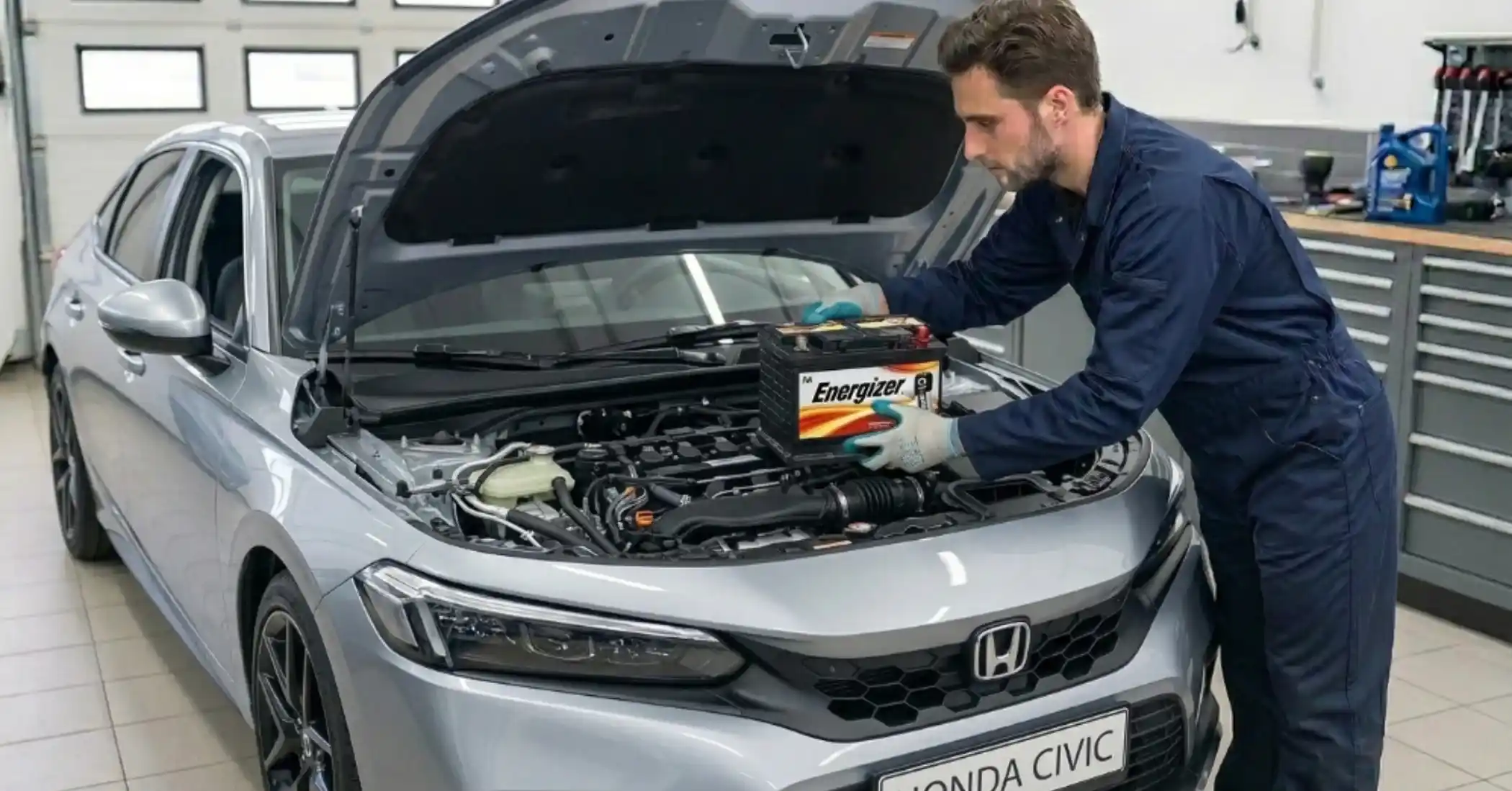 Technician lowering an Energizer battery into a silver Honda Civic