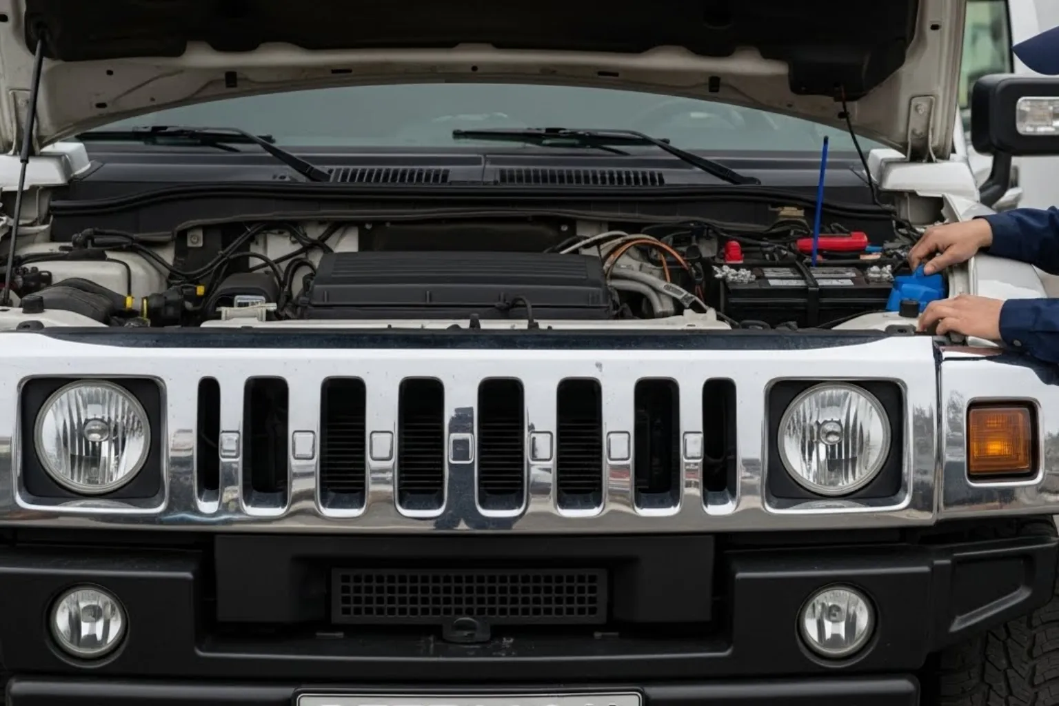 Front of a white Hummer with the bonnet raised for battery work