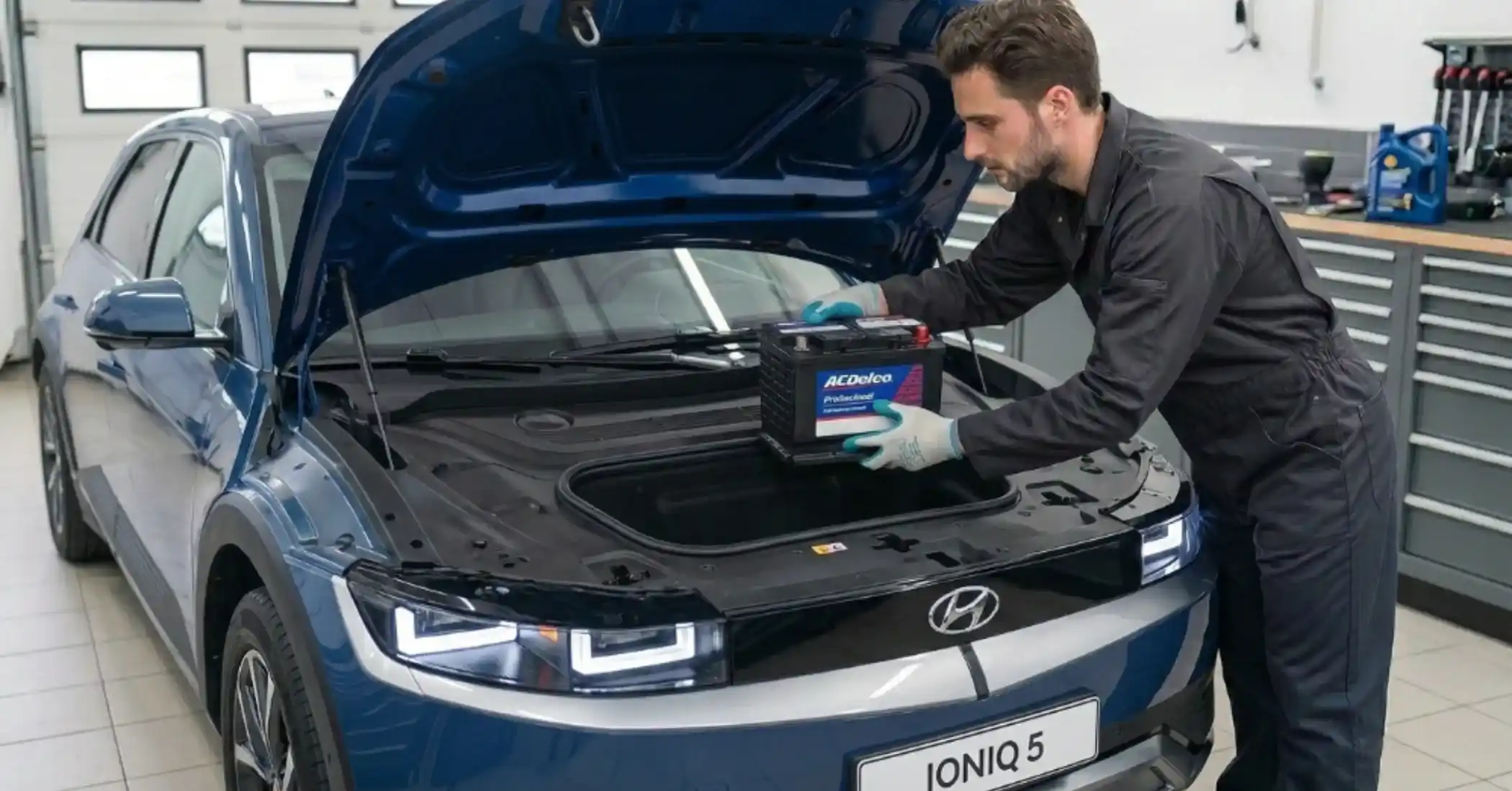 Technician placing an ACDelco battery into a blue Hyundai Ioniq 5