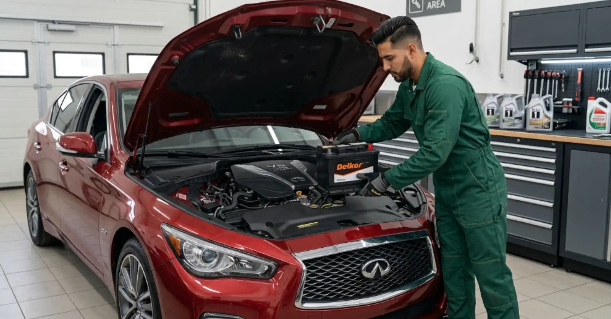 Technician fitting a Delkor battery to a red Infiniti saloon in a workshop