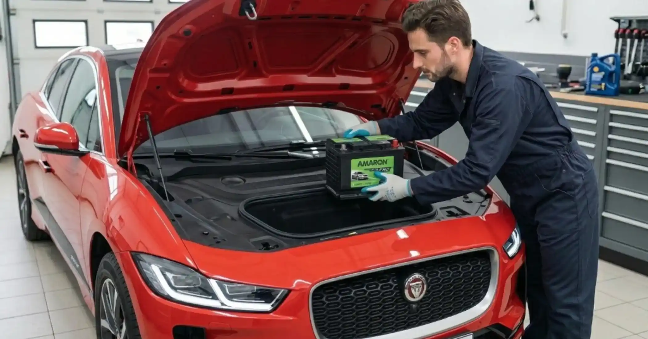 Technician lowering an Amaron battery into a red Jaguar I-Pace